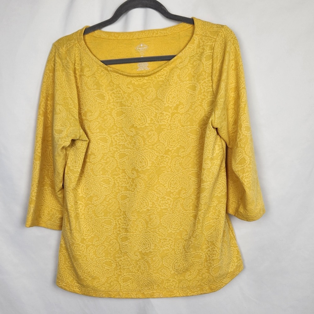 St Johns Bay Petite Womens Top Size PL Yellow Paisley‎ Boat Neck 3/4 Sleeves